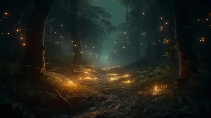 Papier Peint photo Forêt des fées Fantasy forest at night, magic lights and fireflies in fairytale wood
