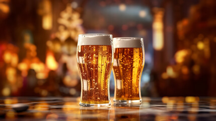 Glasses of beer on a table - obrazy, fototapety, plakaty