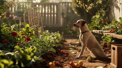 A dog sits in a garden, surrounded by tomatoes, flowers, and a wooden fence.
