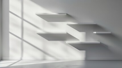 Five shelves mounted on the wall, casting light and shadow in an empty white room.