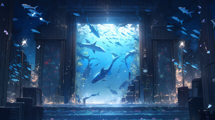 Surreal Underwater World with Sharks in Ruined Cityscape