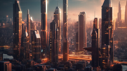 Futuristic cityscape, with towering structures and advanced technology - obrazy, fototapety, plakaty