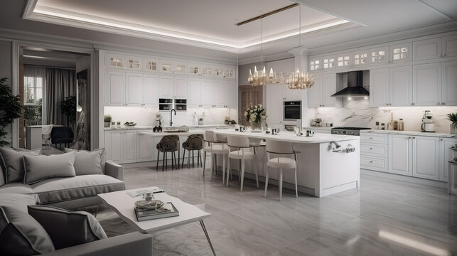 Beautiful luxurious white kitchen and living room in a big house