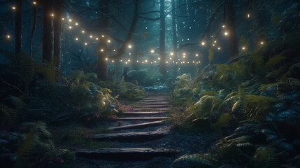 Fantasy forest at night, magic lights and walkway in dark fairytale wood - obrazy, fototapety, plakaty