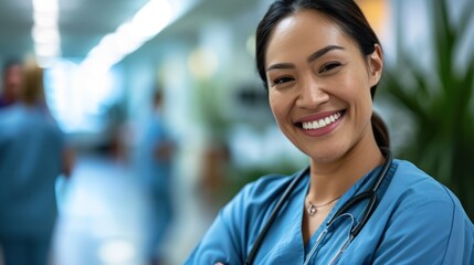 A female nurse with a stethoscope around her neck is smiling with her arms crossed. She is wearing blue scrubs and has dark hair pulled back. - Powered by Adobe