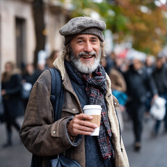 Street food distribution to the homeless people. An elderly 60 years old man is holding a disposable coffee cup and smiling. A local homeless shelter - obrazy, fototapety, plakaty