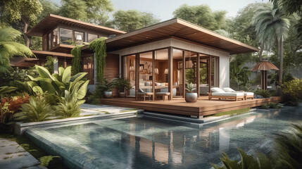 Home or house building Exterior and interior design showing tropical pool villa with green garden and bedroom