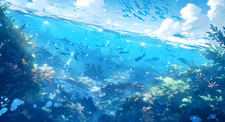 Fototapeta na wymiar Luminous Underwater Seascape with Sunlight and Marine Life