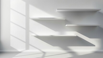 Illustration of shelves casting light and shadow in an empty white room, adding depth and dimension to the space.