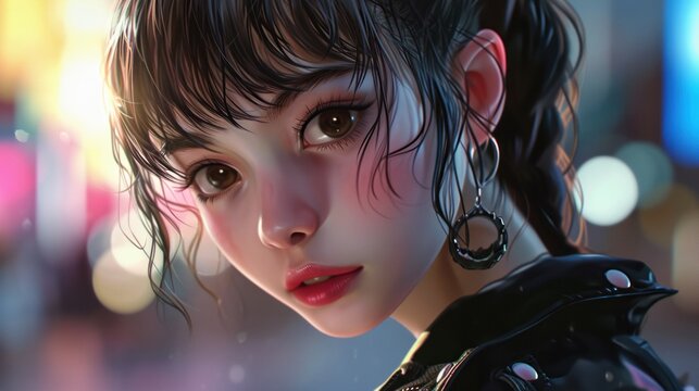 Close-up of a cyberpunk girl with brown eyes and black hair. She has red lipstick and ear piercings. She looks away with a serious expression on her face.
