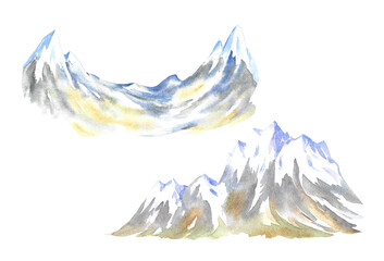 A set of snowy mountains. Handmade watercolor illustration. Isolate. Designed for flyers, banners and postcards. For invitations, posters and stickers. For packaging and decoration.
