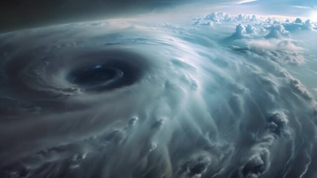 huge hurricane with swirling white clouds hangs in the blackness of space. Reflects light from the sun in oceans and seas.
