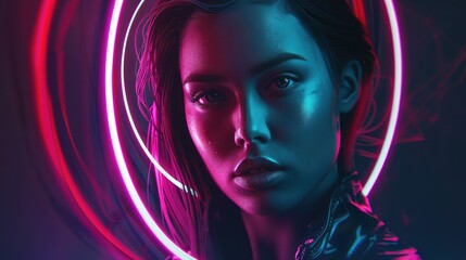 Futuristic Neon Style Portrait: A Beautiful Woman as a Music Album Preview - obrazy, fototapety, plakaty