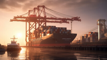 Logistics and transportation of Container Cargo ship with working crane bridge in shipyard at sunrise