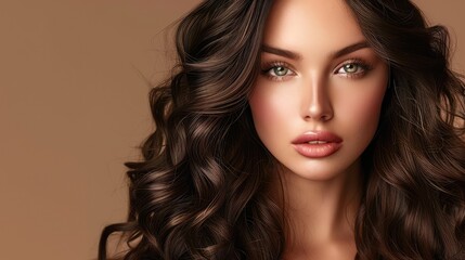 Naklejka premium Brunette Woman with Healthy, Shiny, Wavy Hair and Bright Makeup: Perfect for Beauty Salon and Haircare Business
