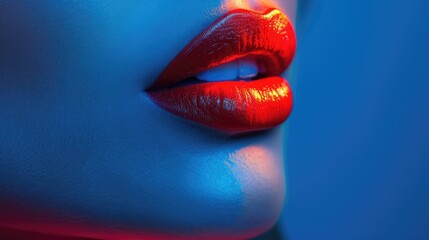 Close-Up Portrait of Woman’s Lips Adorned with Bright Red Lipstick, Contrasting Against a Blue Background