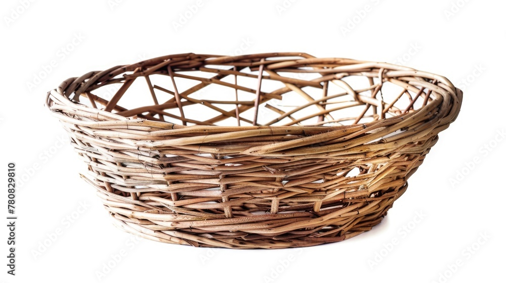 Poster a wicker basket on a plain white background, suitable for various uses