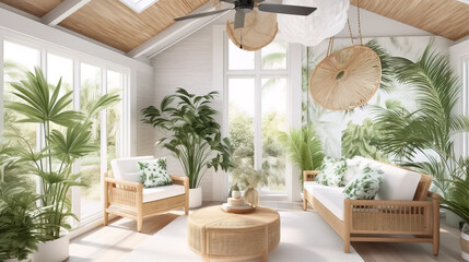 beautiful Bright and airy sunroom with a white wicker sofa, a tropical leaf print - obrazy, fototapety, plakaty