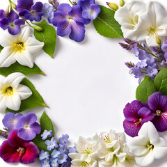 Close-up square image of lavender jasmine lily hollyhocks pansy and periwinkle flowers border frame
