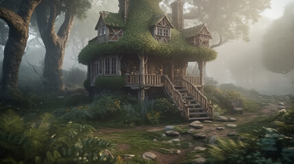 Fantasy house in misty forest, fairy tale hut in tree trunk - obrazy, fototapety, plakaty