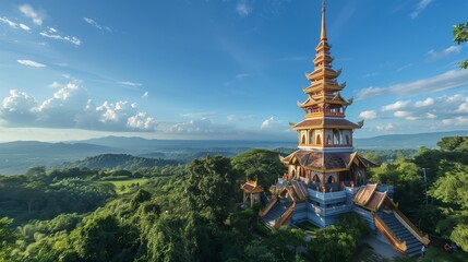 Majestic Tranquility: Thai Temple Embraced by Rolling Hills and Lush Forests