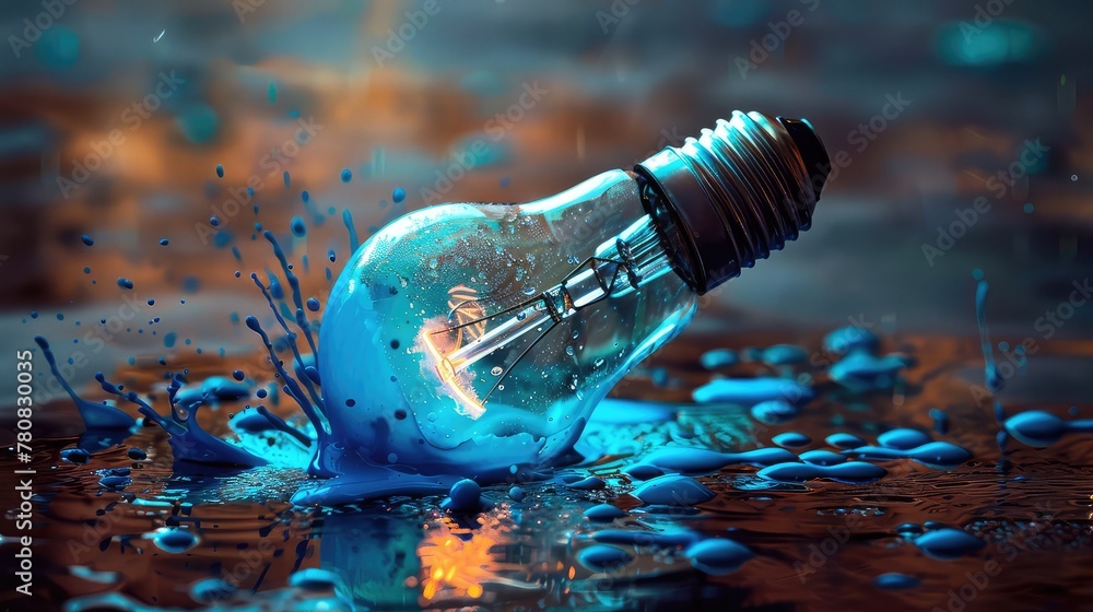Poster conceptual image of a tilted light bulb spilling a stream of blue pigment, igniting imagination thro
