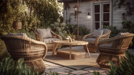 Beautiful backyard patio area with wicker furniture set