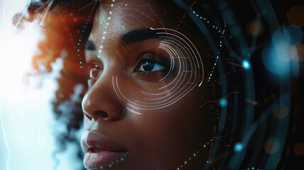Beautiful Black Woman with Face Recognition Technology and HUD Display Around Her Eye