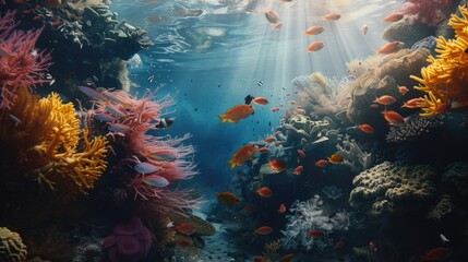 Underwater scene with colorful fish and coral reef. Suitable for marine life concepts - obrazy, fototapety, plakaty