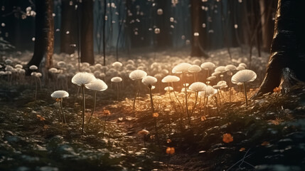 Fantasy forest, magic luminous flowers in fairytale wood