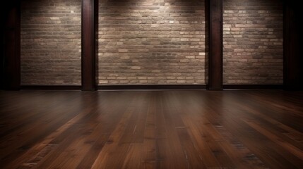 a room with brick wall and wood floor - obrazy, fototapety, plakaty