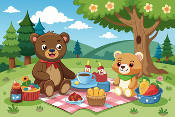 Cartoon teddy bear picnic vector illustration 