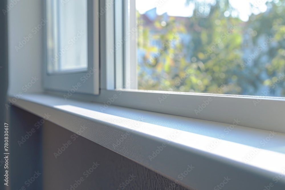 Poster close up of a window sill with trees, suitable for nature or home decor themes