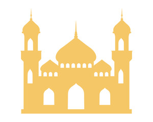 Silhouette of a muslim mosque building with a minaret. Mosque muslim arabic architecture religious graphics. Prayer building islamic culture. Flat style, sacred architecture. Vector illustration.