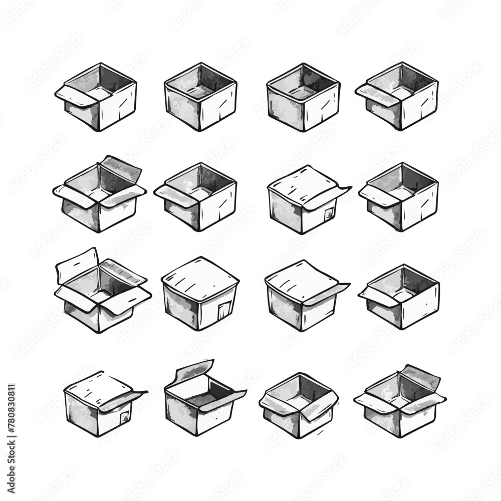 Poster box icon set isolated on white background. empty open shipping box or unboxing line art.