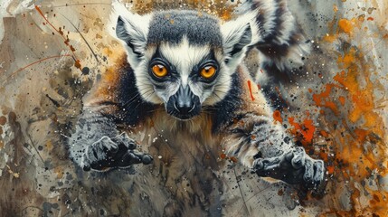 Naklejka premium A unique painting of a lemur with striking orange eyes, perfect for wildlife enthusiasts