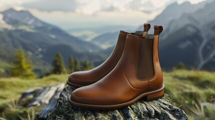 double-stitched, elegant chelsea horse leather women's boots with mountains and pine forest in the background