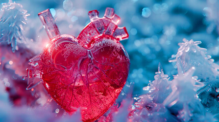 A red anatomical heart covered in ice crystals against a cold blue background