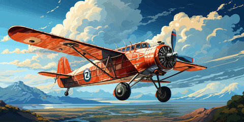 vector illustration of the clouds image with a biplane flying in the blue sky vector - obrazy, fototapety, plakaty