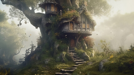 Fantasy house in misty forest, fairy tale hut in tree trunk