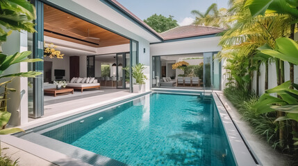 Fototapeta premium Interior and exterior design of luxury pool villa