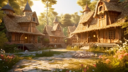 Fototapeta premium Fantasy houses in magic forest, scenery of fairy tale village