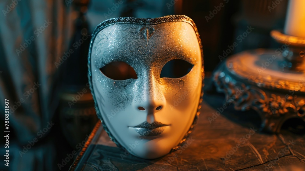 Aufkleber A silver mask placed on a table. Ideal for adding mystery to your projects
