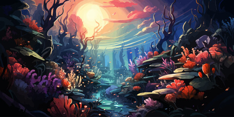 underwater world. Reefs and fish in the ocean. vector flat bright colors - obrazy, fototapety, plakaty