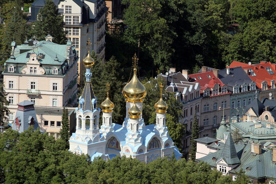 Karlovy Vary, Czech Republic - August 10, 2023: Orthodox Saint Peter and Paul Cathedral in Karlovy Vary, or Carlsbad