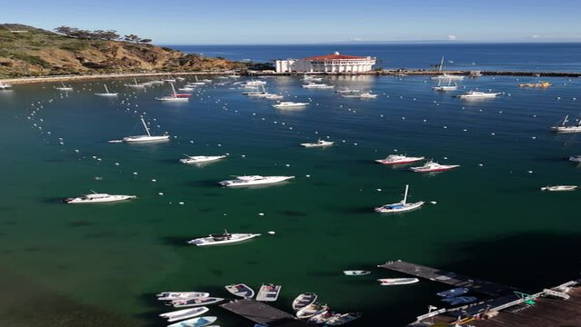 Aerial vertical Island fly over in Catalina Island on sunny Day