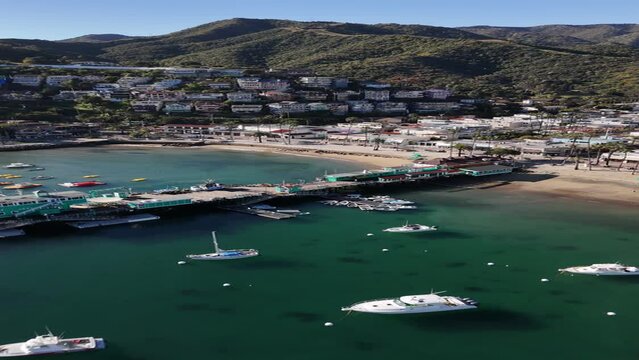 Aerial vertical Island fly over in Catalina Island on Sunny Day