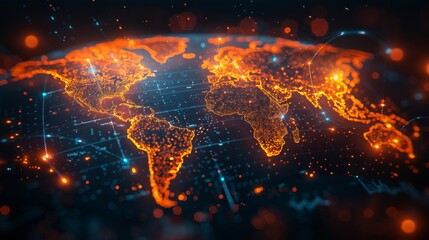 Abstract digital world map with global network connections and data transfer, blue background with orange lights, concept of international business or internet technology on dark night sky