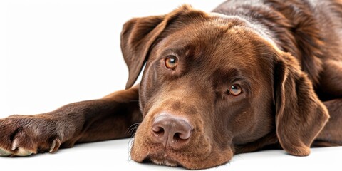 A large brown dog laying peacefully on a white floor. Perfect for pet-related designs