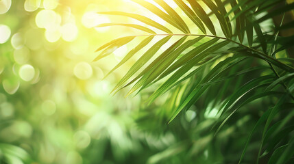 Tropical Palm Tree Background: Isolated Leaf with Soft Bokeh Effect in the Sun, Perfect for Presentations and Texts. - 780832432